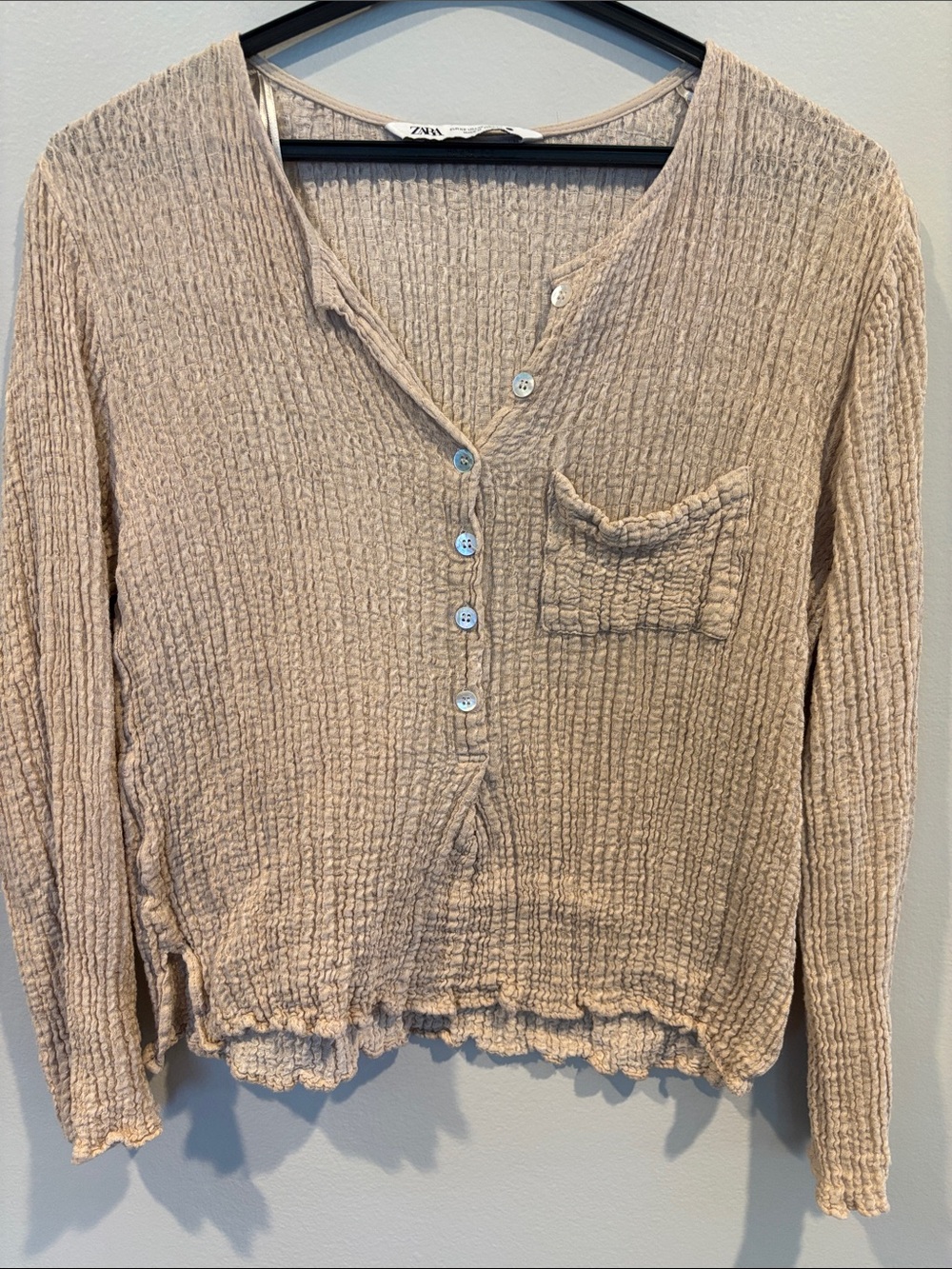 Zara Beige Textured Henley Long Sleeve Top with Pocket